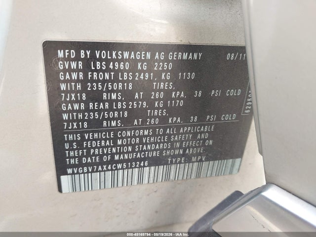 Aukcja sprzedaży 2012 Volkswagen Tiguan Se, vin: WVGBV7AX4CW513246, numer aukcji: 45169794