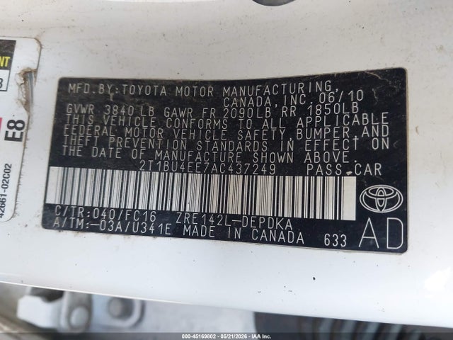 Aukcja sprzedaży 2010 Toyota Corolla Le, vin: 2T1BU4EE7AC437249, numer aukcji: 45169802