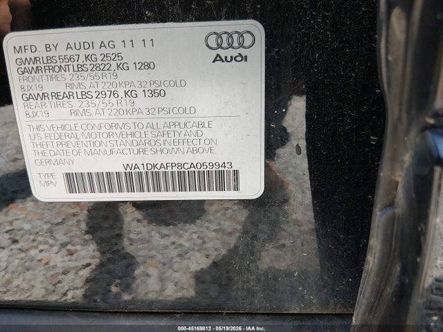 45169812 :رقم المزاد ، WA1DKAFP8CA059943 vin ، 2012 Audi Q5 3.2 Premium Plus مزاد بيع