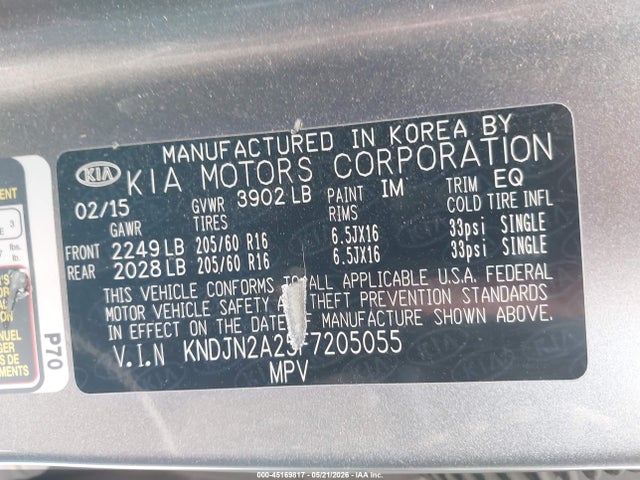45169817 :رقم المزاد ، KNDJN2A25F7205055 vin ، 2015 Kia Soul ! مزاد بيع