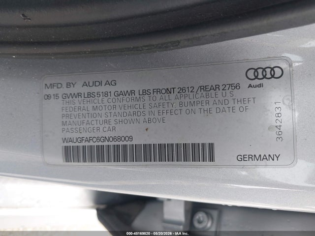 45169820 :رقم المزاد ، WAUGFAFC6GN068009 vin ، 2016 Audi A6 2.0t Premium Plus مزاد بيع