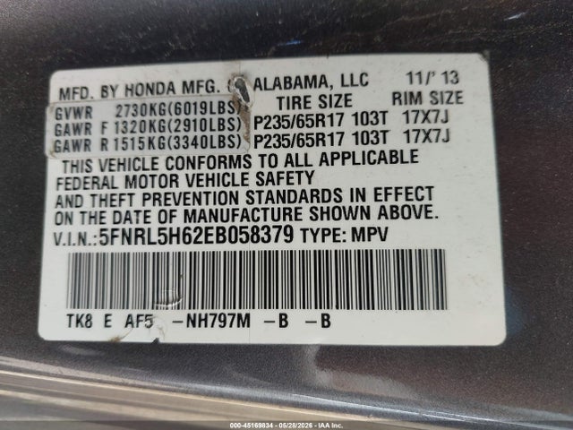 2014 Honda Odyssey Ex-l მანქანა იყიდება აუქციონზე, vin: 5FNRL5H62EB058379, აუქციონის ნომერი: 45169834