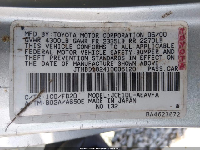45169840 :رقم المزاد ، JTHBD182410006120 vin ، 2001 Lexus Is 300 مزاد بيع