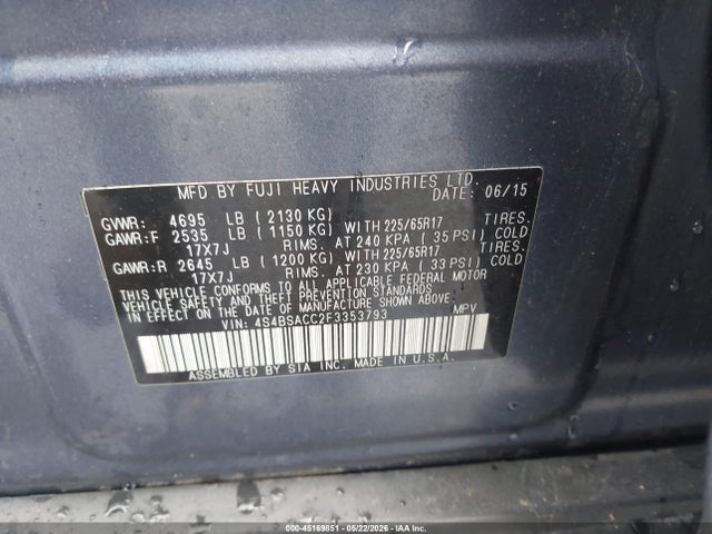 45169851 :رقم المزاد ، 4S4BSACC2F3353793 vin ، 2015 Subaru Outback 2.5i Premium مزاد بيع