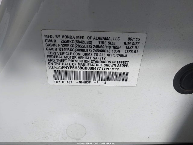 Honda Pilot Ex-l 2016 5FNYF6H89GB008477 Image 9