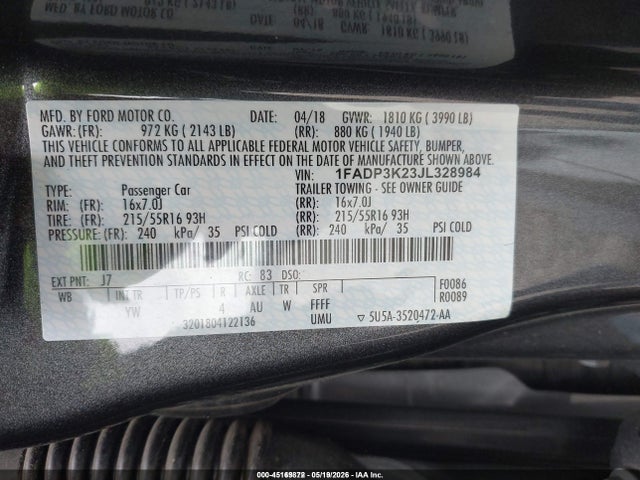 Aukcja sprzedaży 2018 Ford Focus Se, vin: 1FADP3K23JL328984, numer aukcji: 45169872