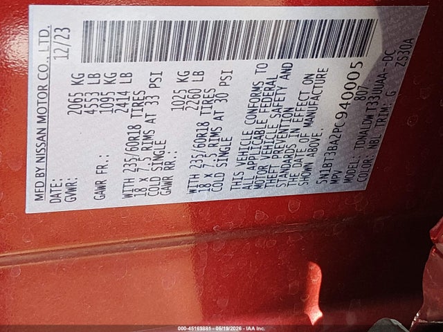 45169881 :رقم المزاد ، 5N1BT3BA2PC940005 vin ، 2023 Nissan Rogue Sv Fwd مزاد بيع