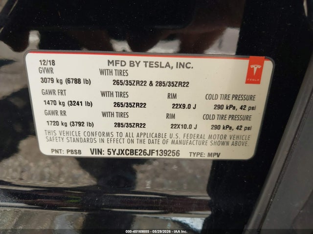 Продажа на аукционе авто 2018 Tesla Model X 100d/75d/p100d, vin: 5YJXCBE26JF139256, номер лота: 45169885