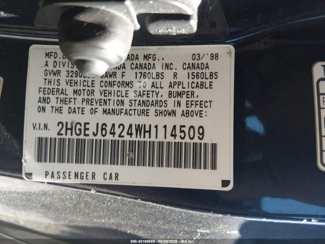 45169888 :رقم المزاد ، 2HGEJ6424WH114509 vin ، 1998 Honda Civic Cx مزاد بيع