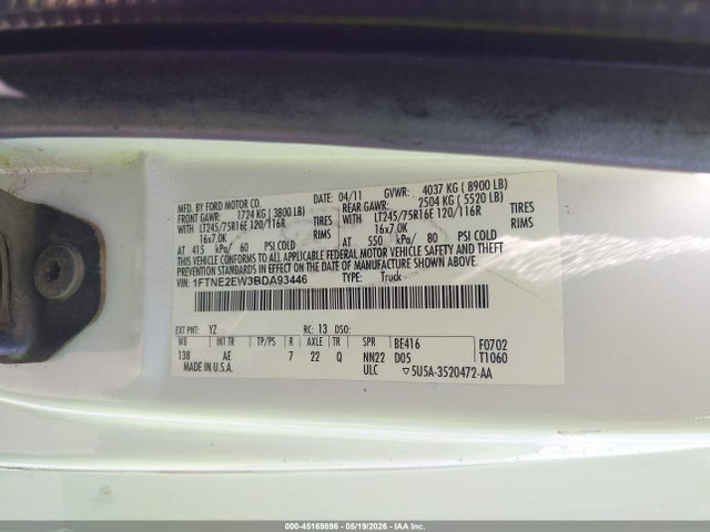 45169896 :رقم المزاد ، 1FTNE2EW3BDA93446 vin ، 2011 Ford E-250 Commercial مزاد بيع