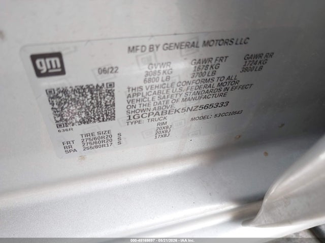 45169897 :رقم المزاد ، 1GCPABEK5NZ565333 vin ، 2022 Chevrolet Silverado 1500 2wd  Short Bed Custom مزاد بيع