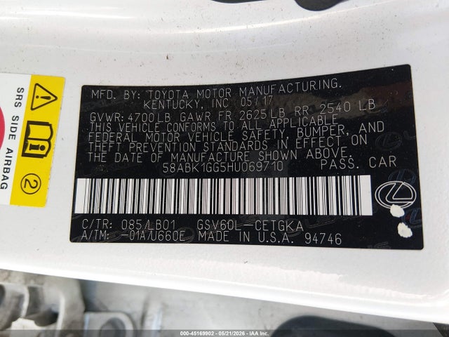 Aukcja sprzedaży 2017 Lexus Es 350, vin: 58ABK1GG5HU069710, numer aukcji: 45169902