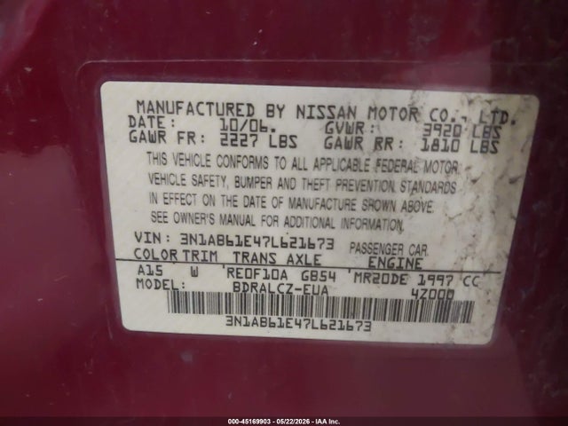 Продаж на аукціоні авто 2007 Nissan Sentra 2.0, vin: 3N1AB61E47L621673, номер лоту: 45169903