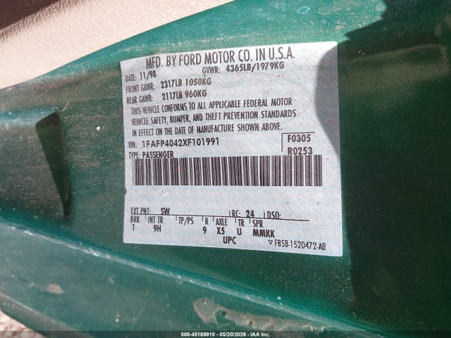 45169910 :رقم المزاد ، 1FAFP4042XF101991 vin ، 1999 Ford Mustang مزاد بيع
