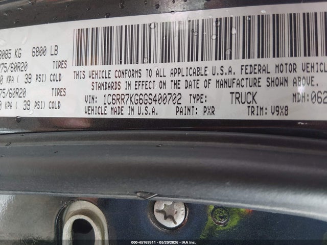 45169911 :رقم المزاد ، 1C6RR7KG6GS400702 vin ، 2016 Ram 1500 Express مزاد بيع