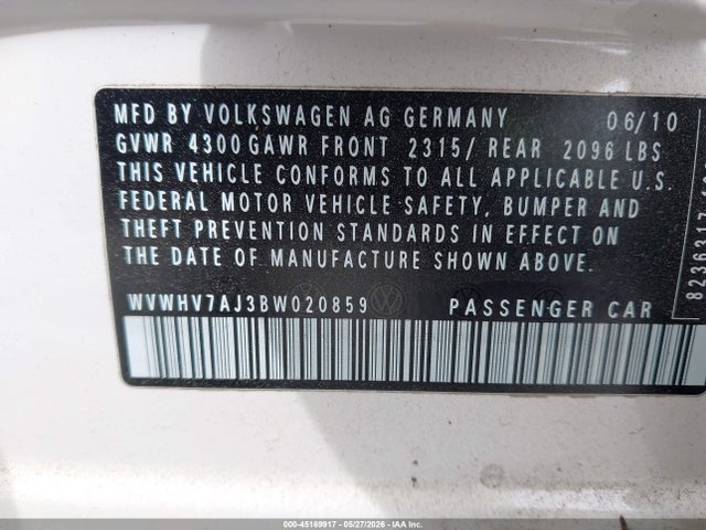 2011 Volkswagen Gti 4-door/4-door Autobahn მანქანა იყიდება აუქციონზე, vin: WVWHV7AJ3BW020859, აუქციონის ნომერი: 45169917