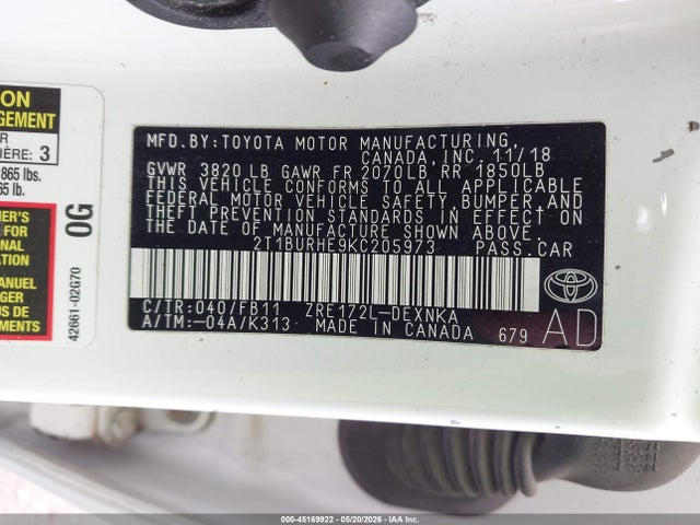 45169922 :رقم المزاد ، 2T1BURHE9KC205973 vin ، 2019 Toyota Corolla Le مزاد بيع
