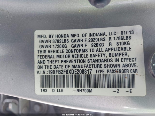 Продаж на аукціоні авто 2013 Honda Civic Ex, vin: 19XFB2F8XDE208817, номер лоту: 45169934