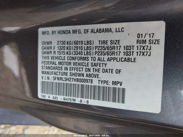 Продажа на аукционе авто 2017 Honda Odyssey Lx, vin: 5FNRL5H27HB000978, номер лота: 45169935