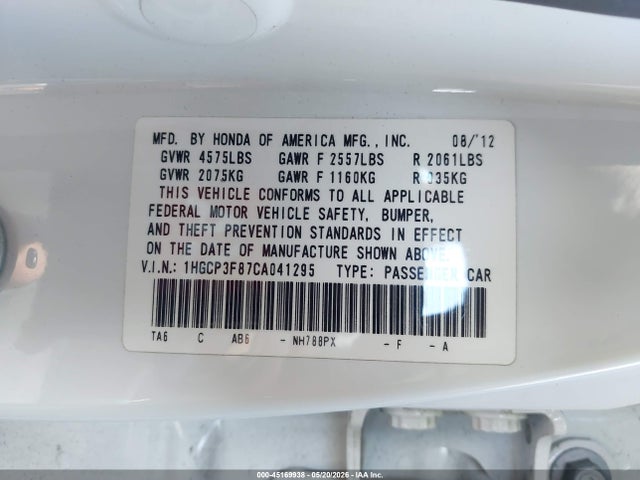 Продаж на аукціоні авто 2012 Honda Accord 3.5 Ex-l, vin: 1HGCP3F87CA041295, номер лоту: 45169938