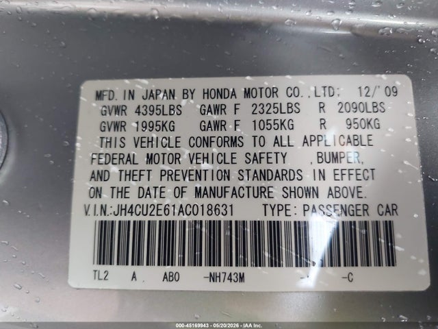 45169943 :رقم المزاد ، JH4CU2E61AC018631 vin ، 2010 Acura Tsx 2.4 مزاد بيع