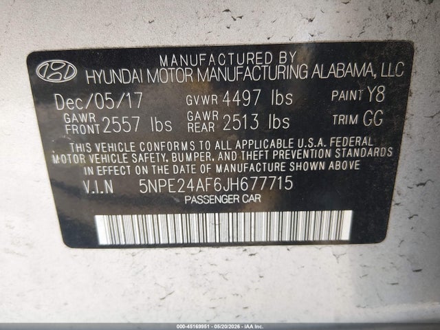 Продажа на аукционе авто 2018 Hyundai Sonata Se, vin: 5NPE24AF6JH677715, номер лота: 45169951
