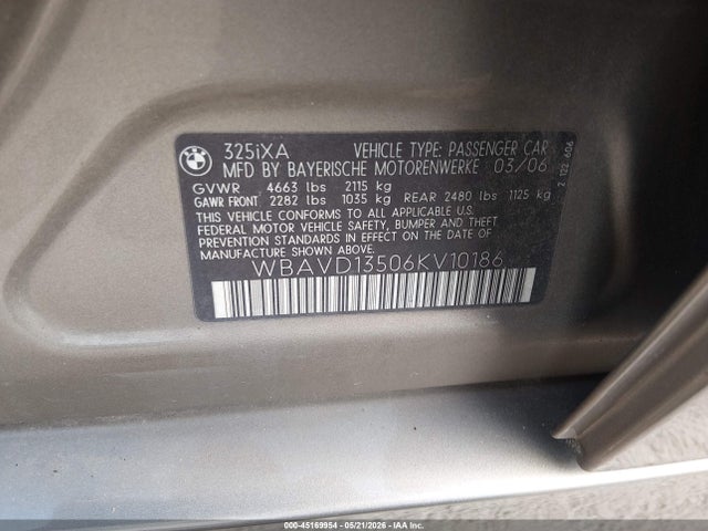 2006 Bmw 325xi მანქანა იყიდება აუქციონზე, vin: WBAVD13506KV10186, აუქციონის ნომერი: 45169954