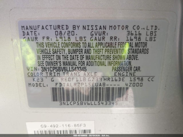 Aukcja sprzedaży 2020 Nissan Kicks S Xtronic Cvt, vin: 3N1CP5BV6LL543345, numer aukcji: 45169955