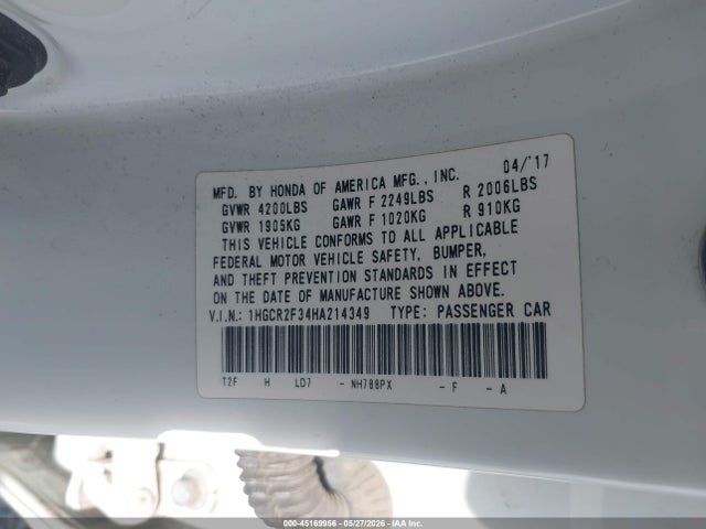 Продаж на аукціоні авто 2017 Honda Accord Lx, vin: 1HGCR2F34HA214349, номер лоту: 45169956