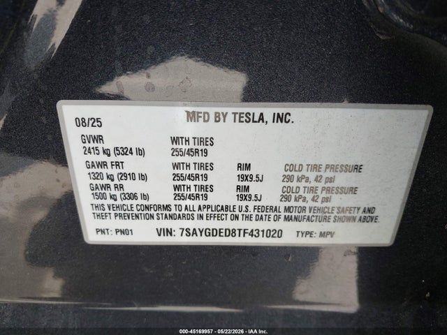 Продажа на аукционе авто 2026 Tesla Model Y Premium Rear-wheel Drive/rear-wheel Drive, vin: 7SAYGDED8TF431020, номер лота: 45169957