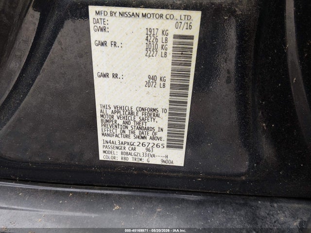 2016 Nissan Altima 2.5 S მანქანა იყიდება აუქციონზე, vin: 1N4AL3APXGC267265, აუქციონის ნომერი: 45169971