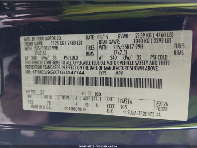 Продажа на аукционе авто 2016 Ford Escape Se, vin: 1FMCU9GX7GUA47744, номер лота: 45169976
