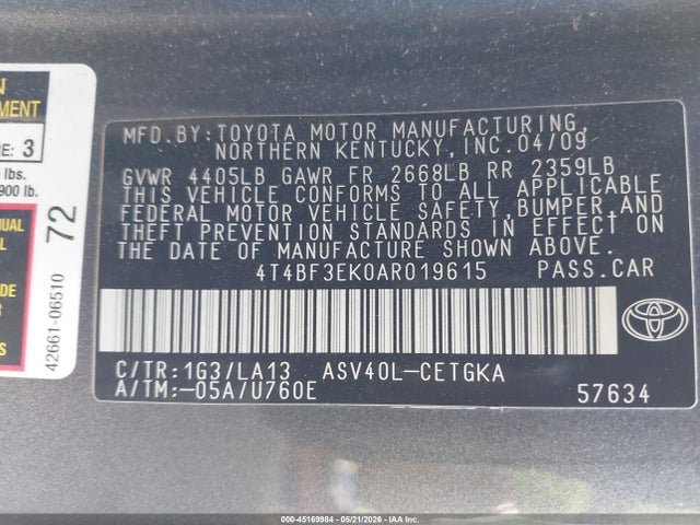 45169984 :رقم المزاد ، 4T4BF3EK0AR019615 vin ، 2010 Toyota Camry Xle مزاد بيع