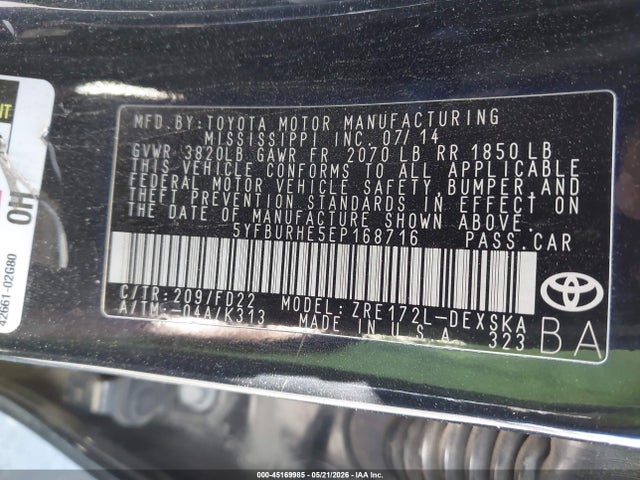 Продаж на аукціоні авто 2014 Toyota Corolla S Plus, vin: 5YFBURHE5EP168716, номер лоту: 45169985