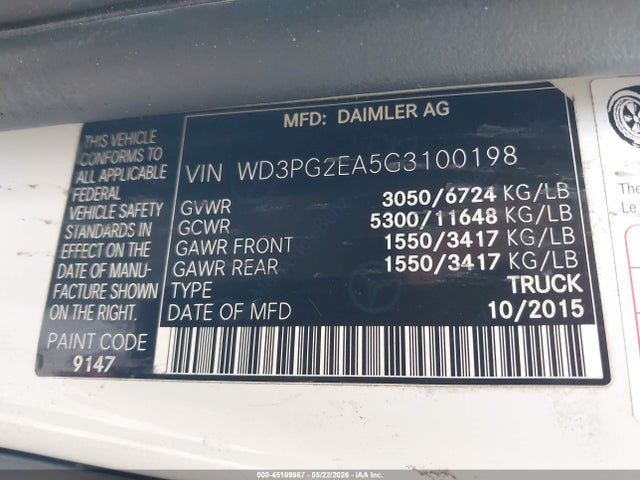 Aukcja sprzedaży 2016 Mercedes-benz Metris, vin: WD3PG2EA5G3100198, numer aukcji: 45169987