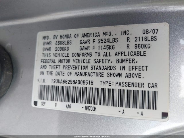 45169990 :رقم المزاد ، 19UUA66298A008518 vin ، 2008 Acura Tl 3.2 مزاد بيع