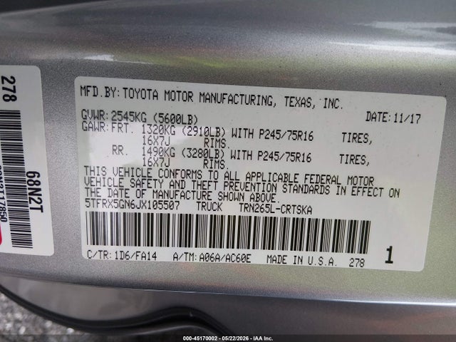 Продажа на аукционе авто 2018 Toyota Tacoma Sr, vin: 5TFRX5GN6JX105507, номер лота: 45170002