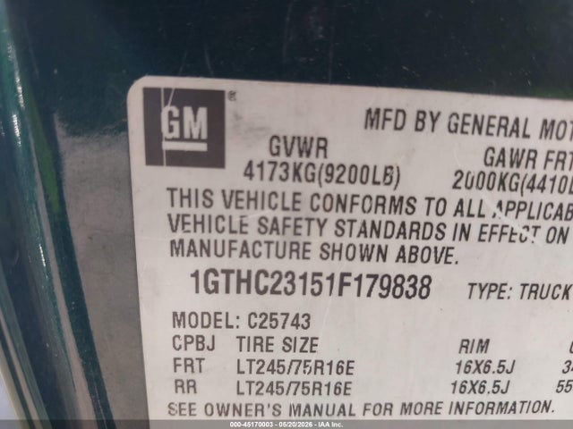 Aukcja sprzedaży 2001 Gmc Sierra 2500hd Sle, vin: 1GTHC23151F179838, numer aukcji: 45170003