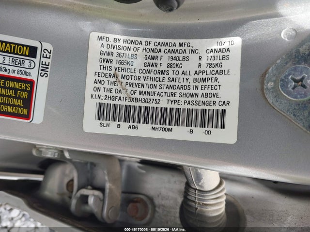 Продажа на аукционе авто 2011 Honda Civic Lx, vin: 2HGFA1F5XBH302752, номер лота: 45170008