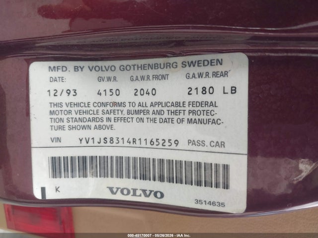 Продаж на аукціоні авто 1994 Volvo 940, vin: YV1JS8314R1165259, номер лоту: 45170007