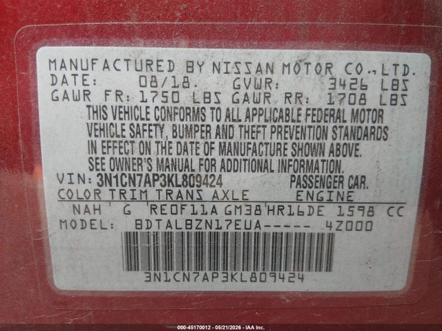 45170012 :رقم المزاد ، 3N1CN7AP3KL809424 vin ، 2019 Nissan Versa 1.6 Sv مزاد بيع