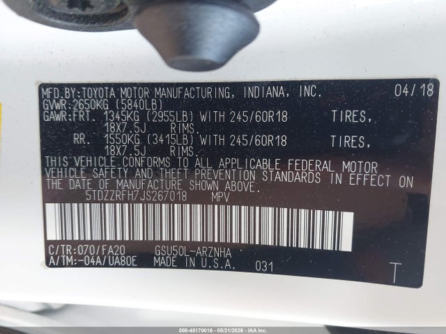 Aukcja sprzedaży 2018 Toyota Highlander Le Plus, vin: 5TDZZRFH7JS267018, numer aukcji: 45170016