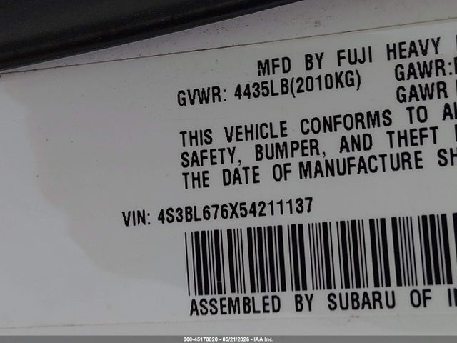 Aukcja sprzedaży 2005 Subaru Legacy 2.5gt Limited, vin: 4S3BL676X54211137, numer aukcji: 45170020
