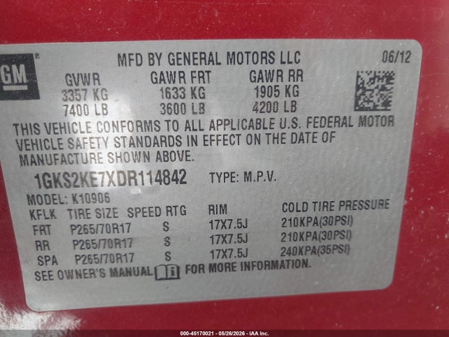 45170021 :رقم المزاد ، 1GKS2KE7XDR114842 vin ، 2013 Gmc Yukon Xl 1500 Slt مزاد بيع