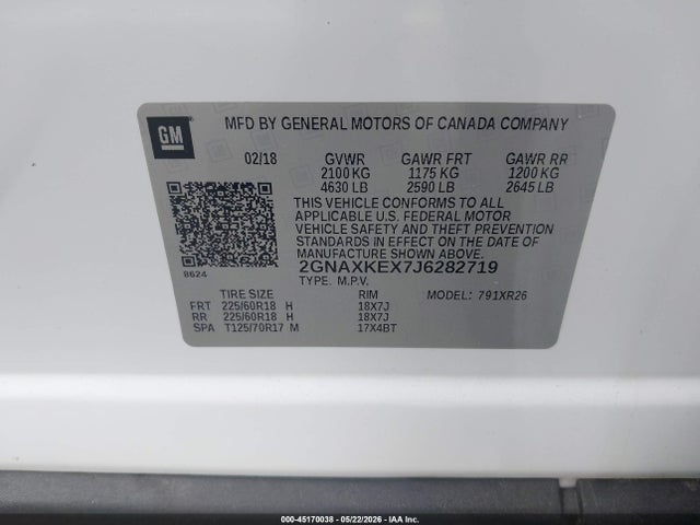 2018 Chevrolet Equinox Lt მანქანა იყიდება აუქციონზე, vin: 2GNAXKEX7J6282719, აუქციონის ნომერი: 45170038