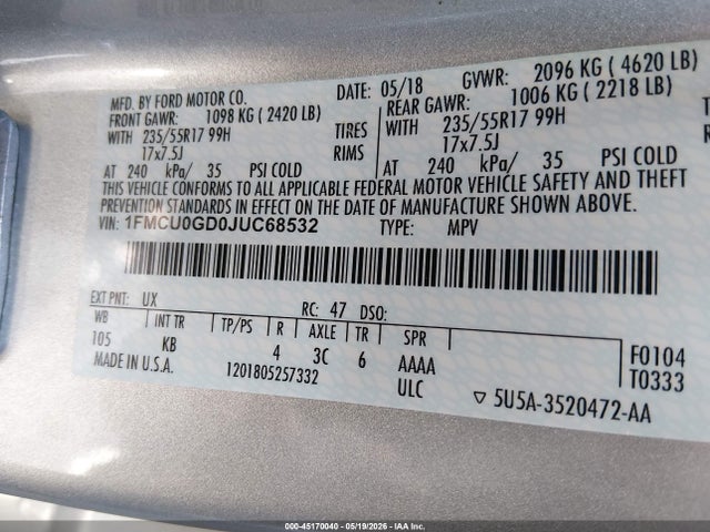 45170040 :رقم المزاد ، 1FMCU0GD0JUC68532 vin ، 2018 Ford Escape Se مزاد بيع
