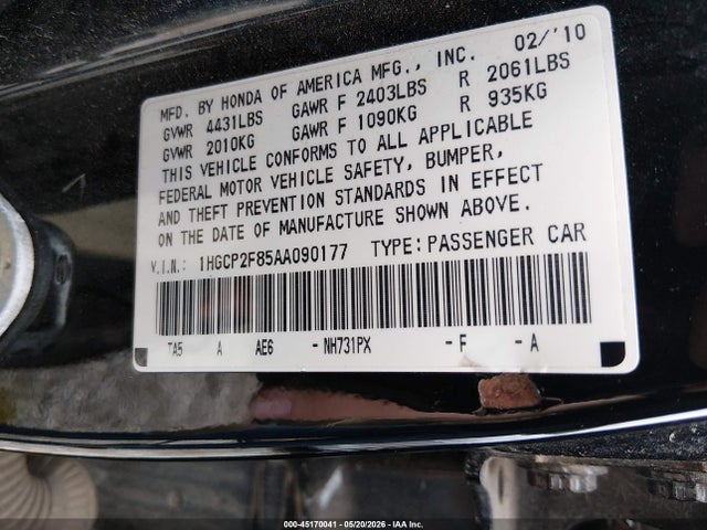 Продаж на аукціоні авто 2010 Honda Accord 2.4 Ex-l, vin: 1HGCP2F85AA090177, номер лоту: 45170041