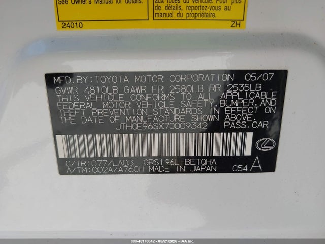 Aukcja sprzedaży 2007 Lexus Gs 350, vin: JTHCE96SX70009342, numer aukcji: 45170042