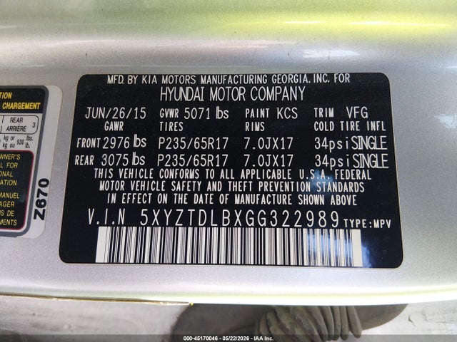 Продаж на аукціоні авто 2016 Hyundai Santa Fe Sport 2.4l, vin: 5XYZTDLBXGG322989, номер лоту: 45170046