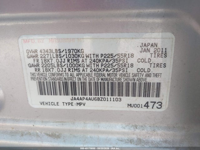 Aukcja sprzedaży 2011 Mitsubishi Outlander Sport Se, vin: JA4AP4AU6BZ011103, numer aukcji: 45170055